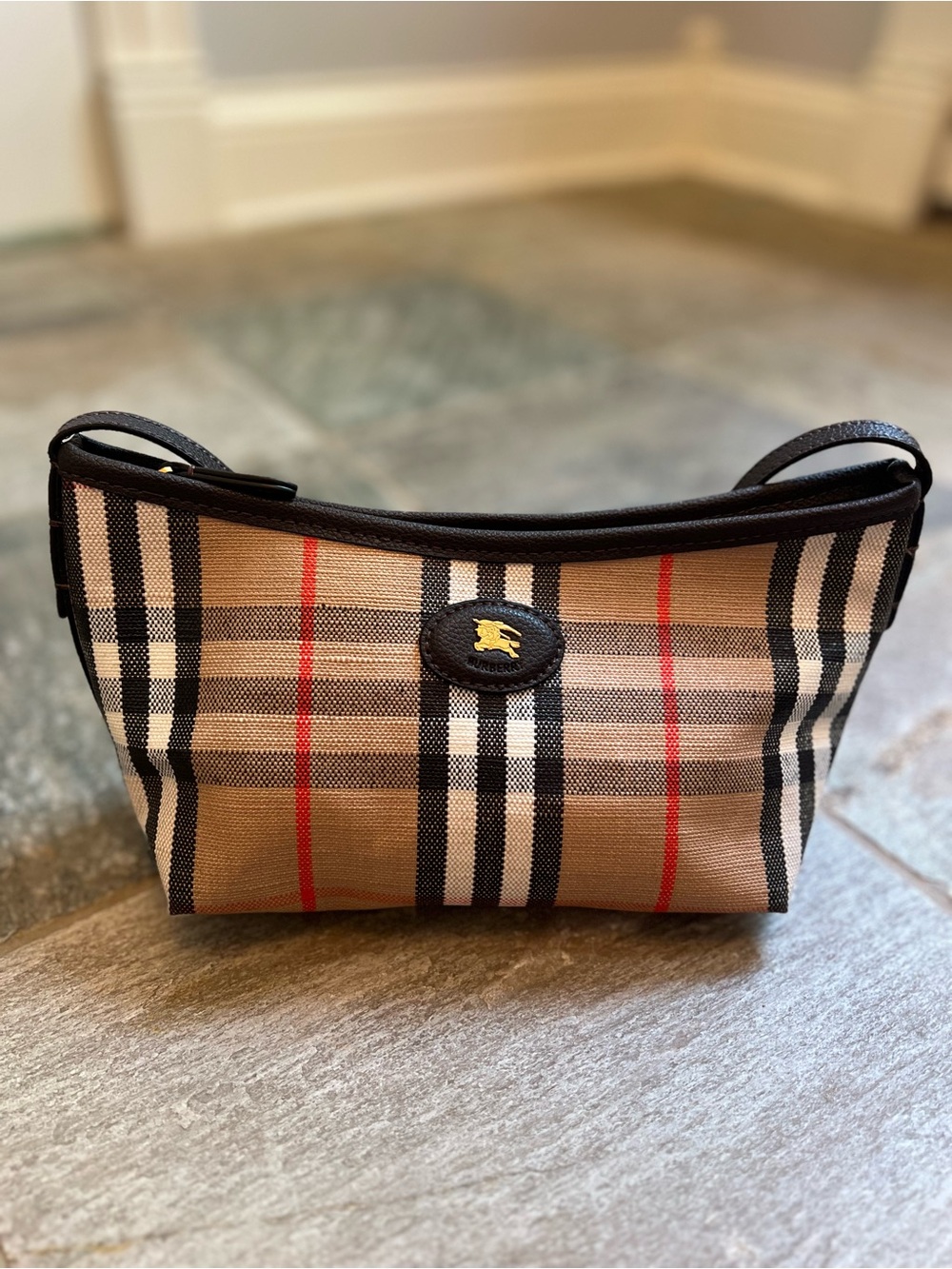 Small Burberry Highlands Bag in Tan, Black & Red Accents - Picture 2 of 14